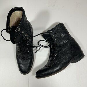 Justin Style L0522 Women Kiltie Lace Up Ropers Boots Pebbled Black Leather 6.5